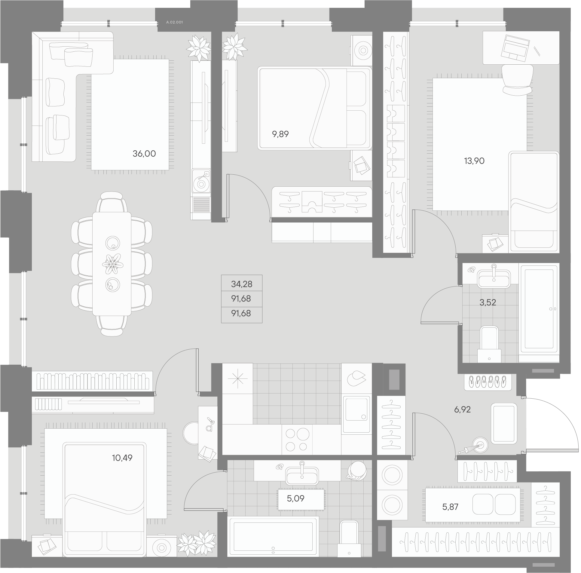 3 комн. квартира, 91.7 м², 2 этаж 