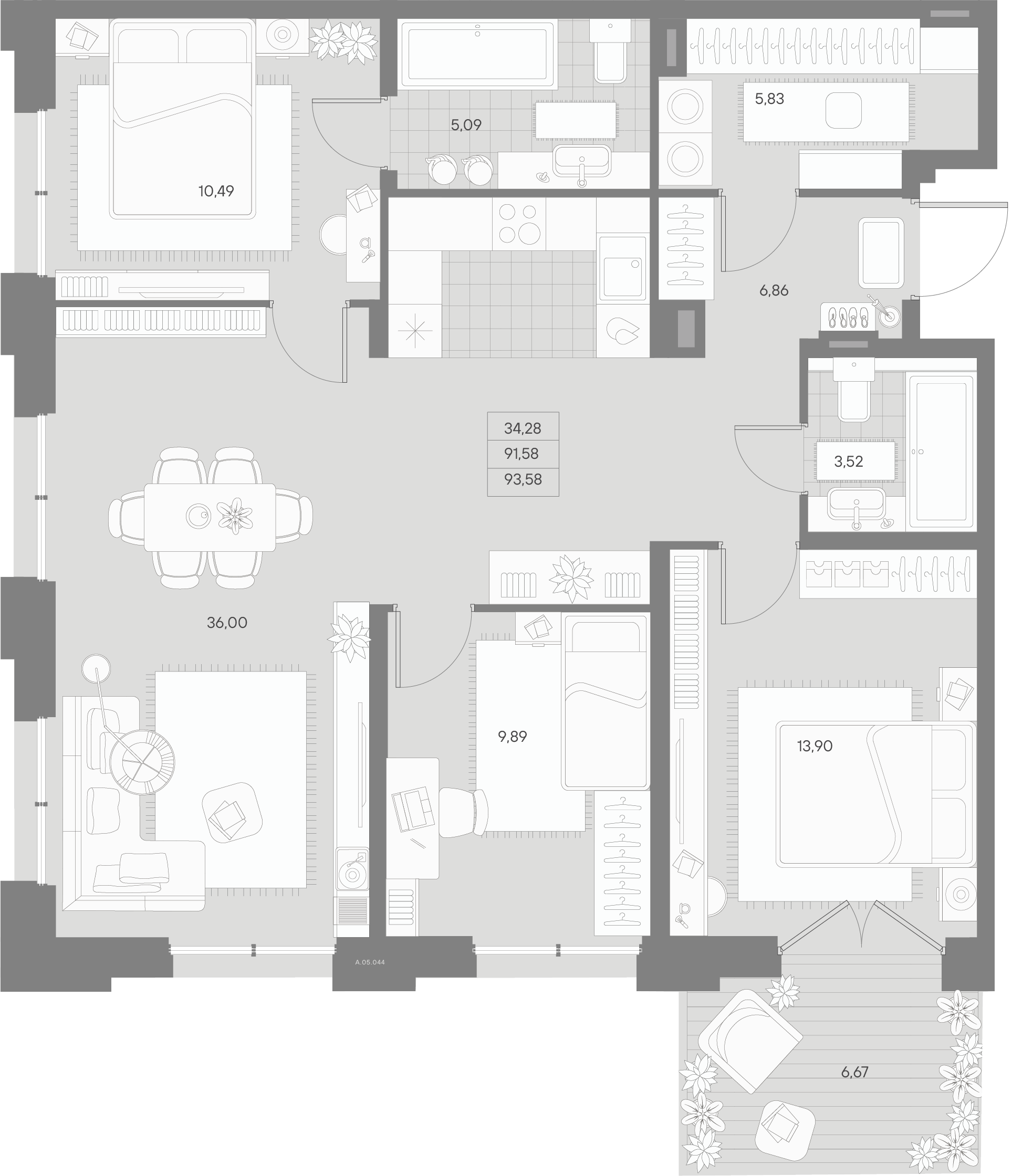 3 комн. квартира, 93.6 м², 5 этаж 