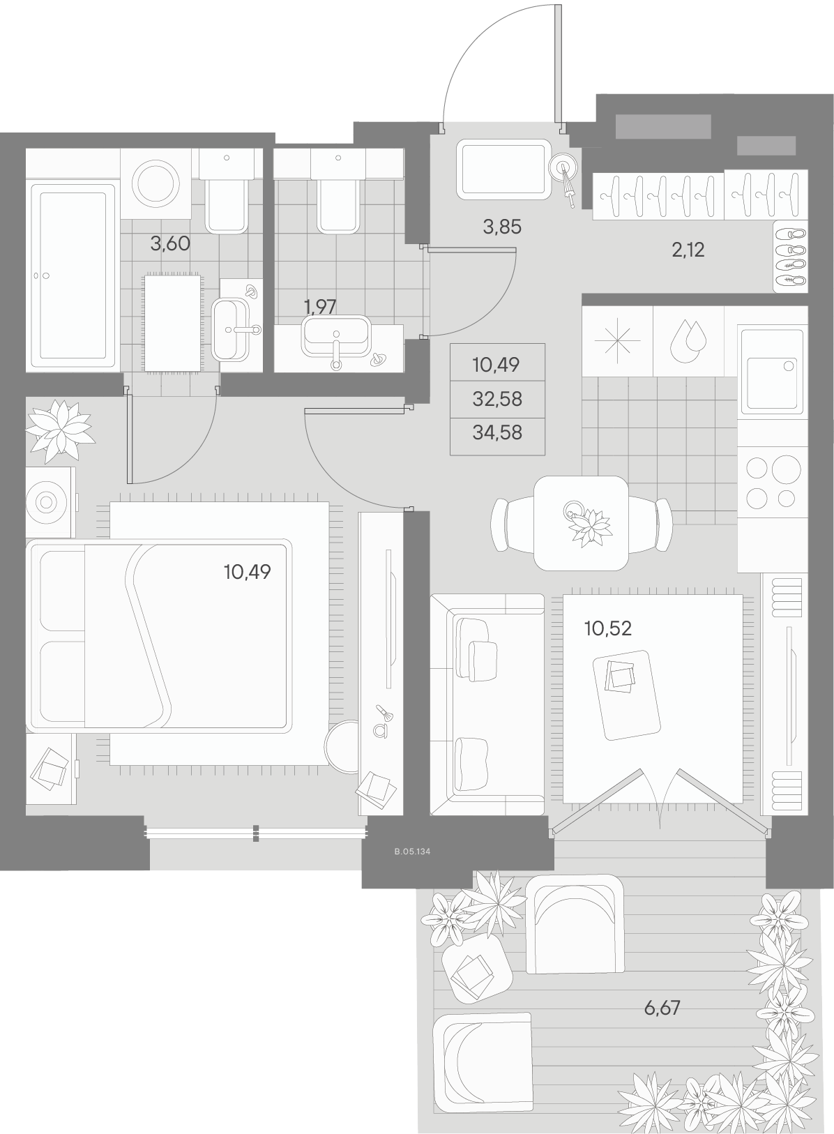 1 комн. квартира, 34.6 м², 5 этаж 