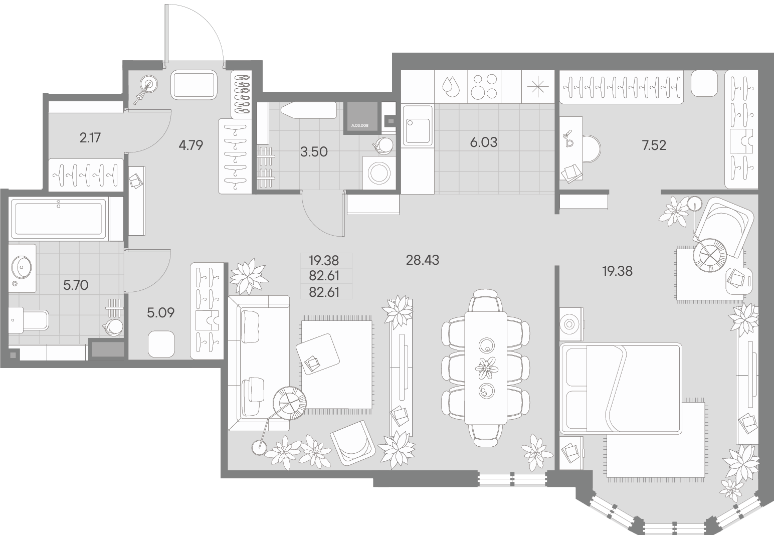 1 комн. квартира, 81.2 м², 3 этаж 