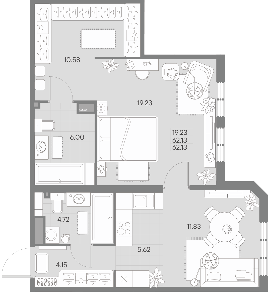 1 комн. квартира, 60.7 м², 5 этаж 