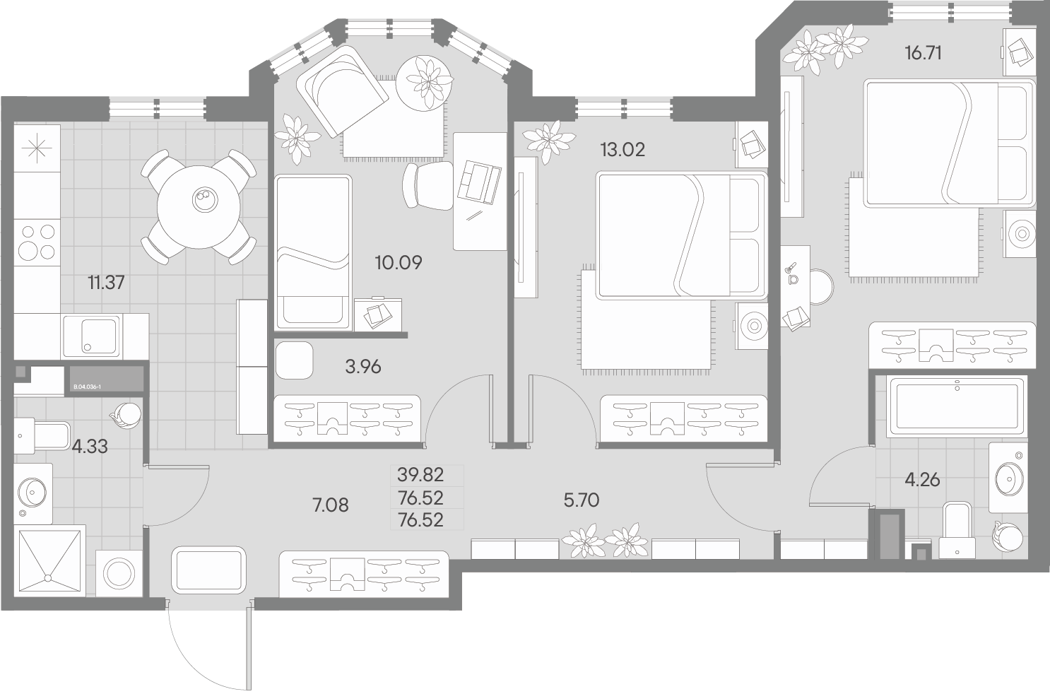 3 комн. квартира, 74.7 м², 4 этаж 