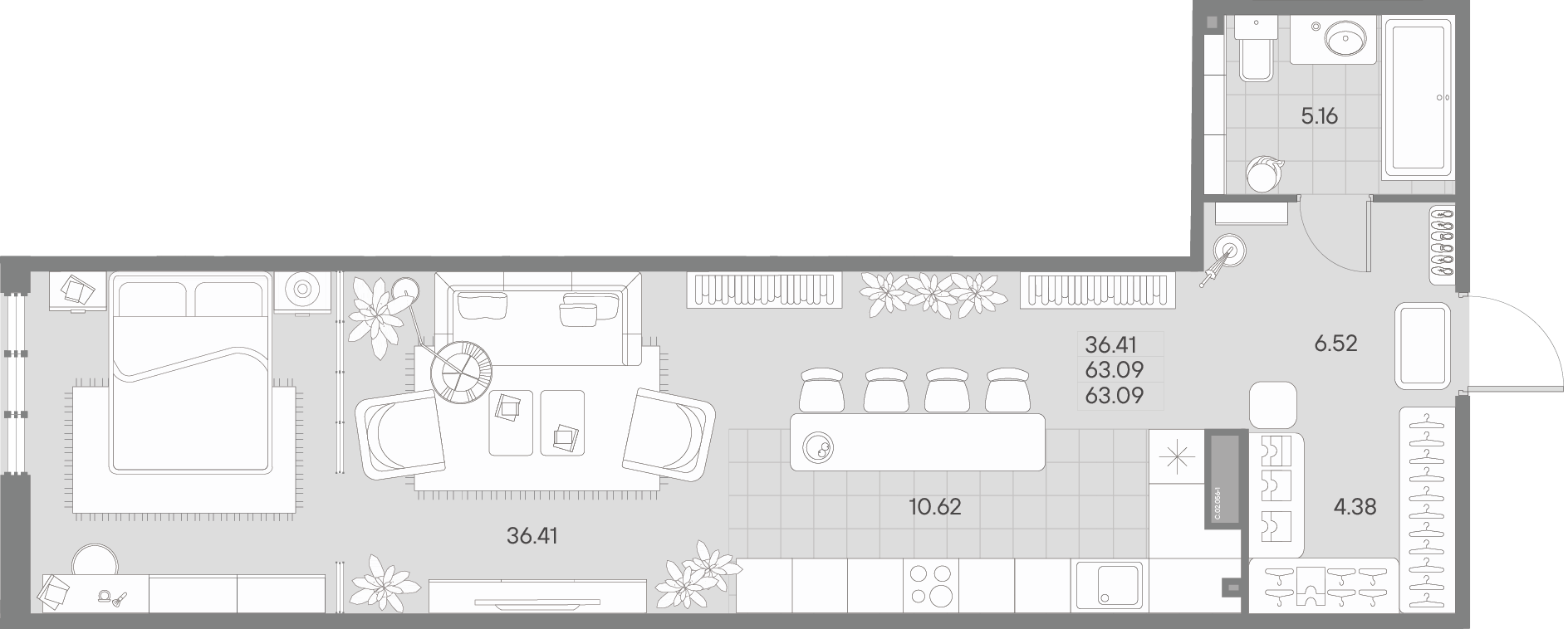 1 комн. квартира, 61.7 м², 2 этаж 