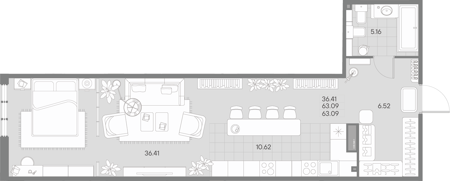 1 комн. квартира, 61.4 м², 3 этаж 