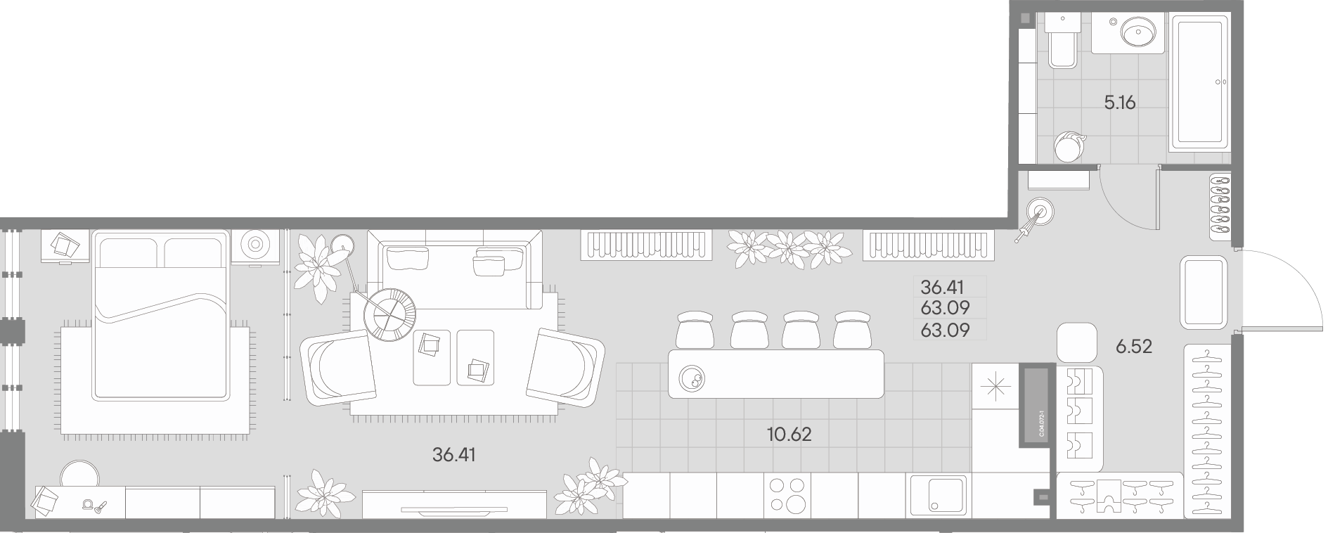 1 комн. квартира, 61.7 м², 4 этаж 
