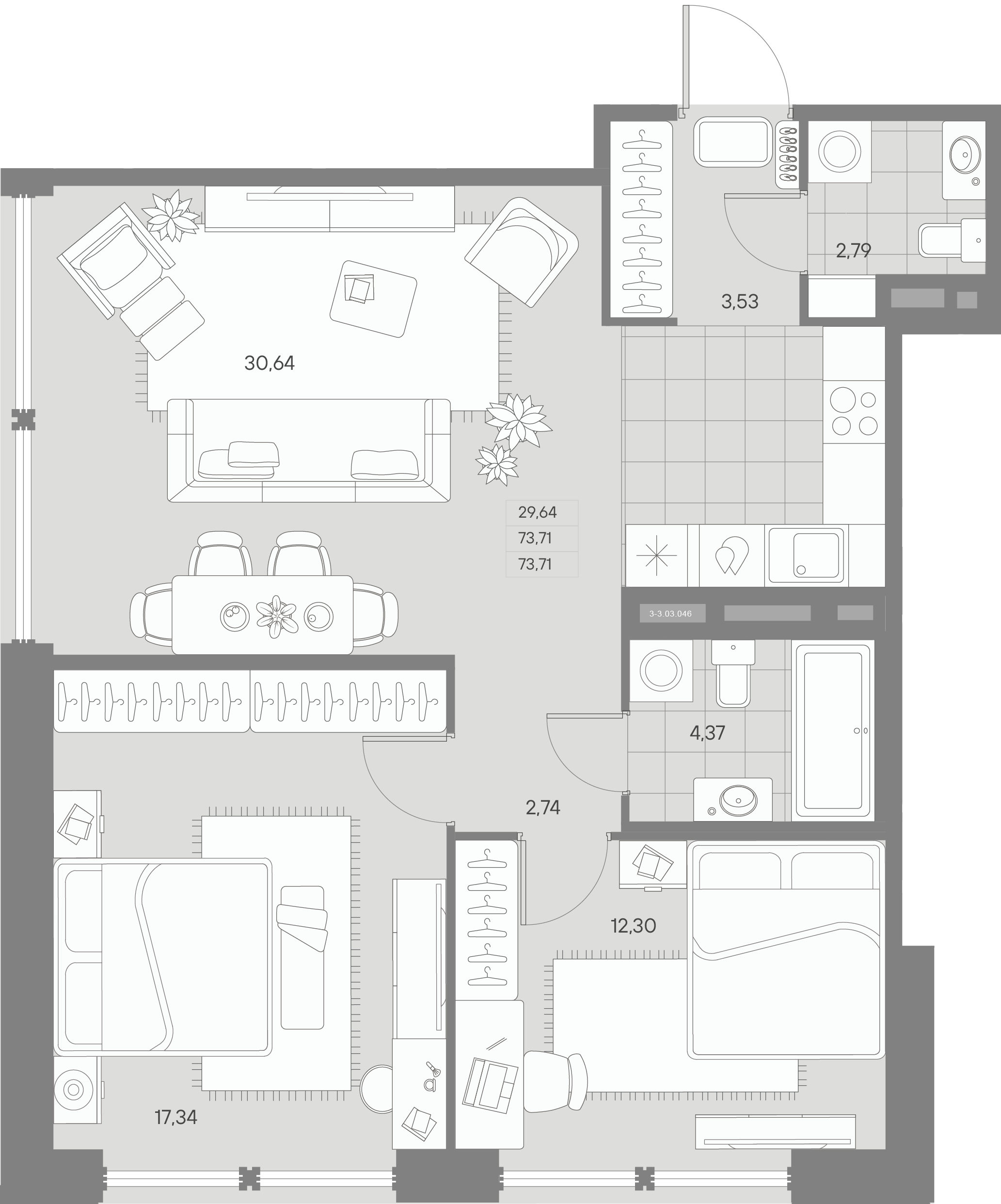 2 комн. квартира, 73.7 м², 3 этаж 