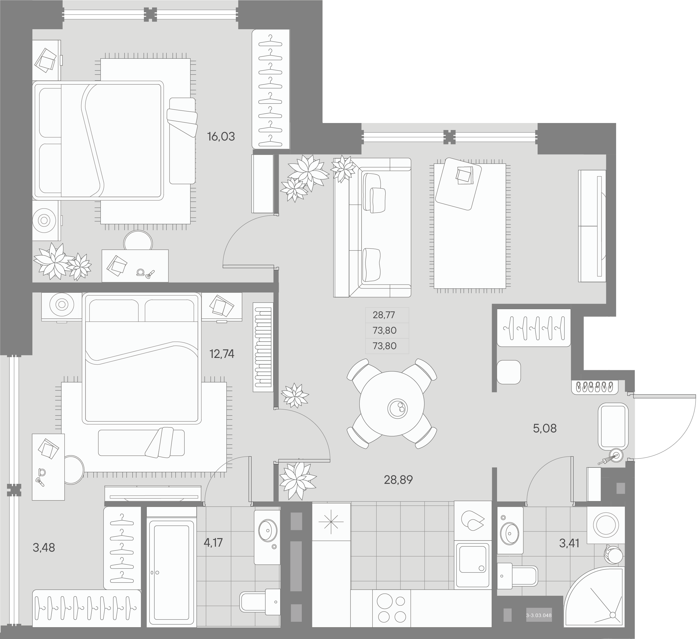 2 комн. квартира, 73.8 м², 3 этаж 