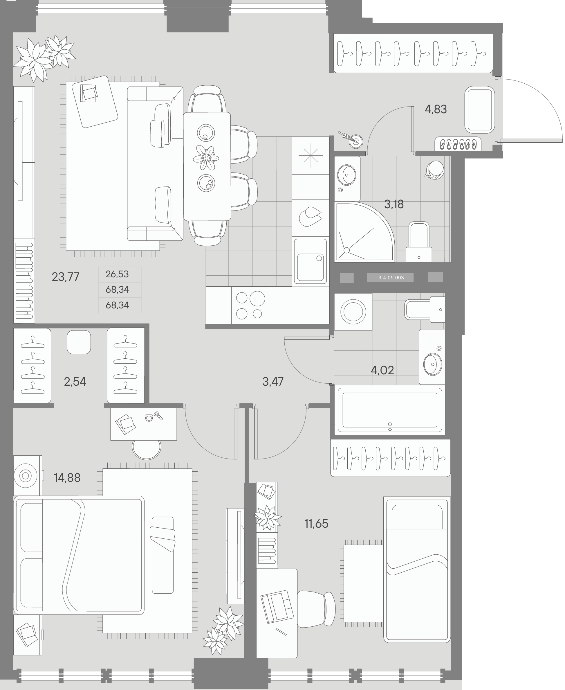 2 комн. квартира, 68.3 м², 5 этаж 