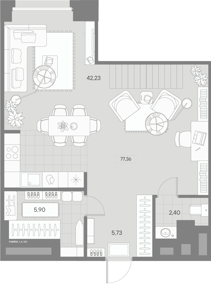 1 комн. квартира, 76.8 м², 4 этаж 