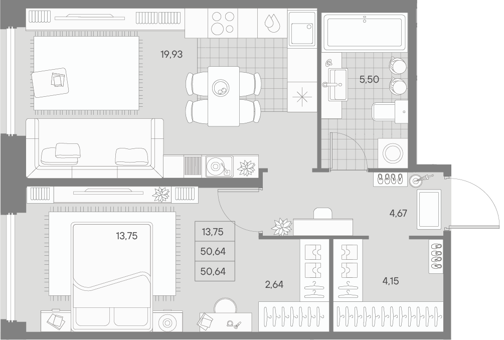 1 комн. квартира, 50.6 м², 1 этаж 
