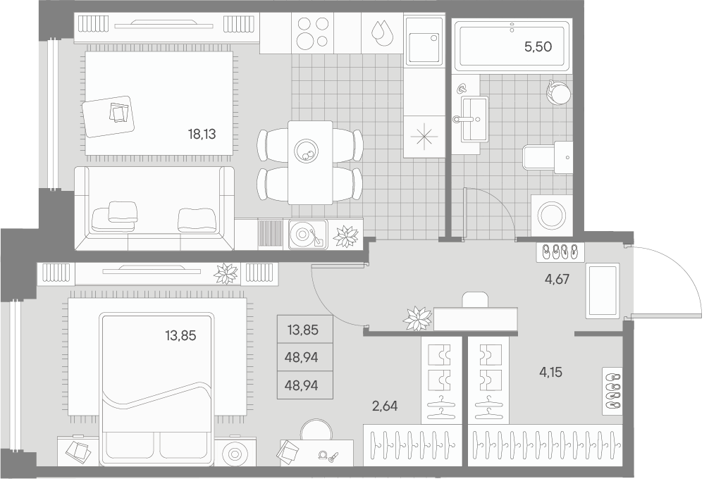 1 комн. квартира, 48.9 м², 2 этаж 