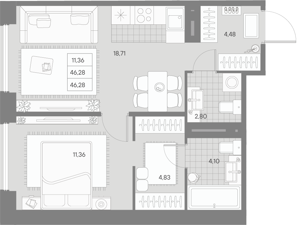 1 комн. квартира, 46.3 м², 3 этаж 