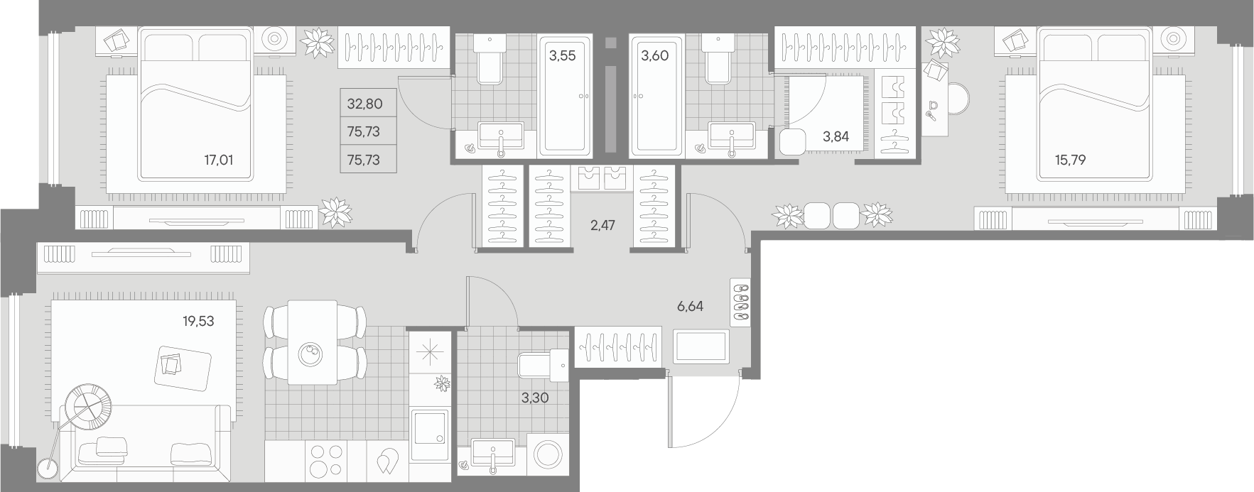 2 комн. квартира, 75.7 м², 3 этаж 