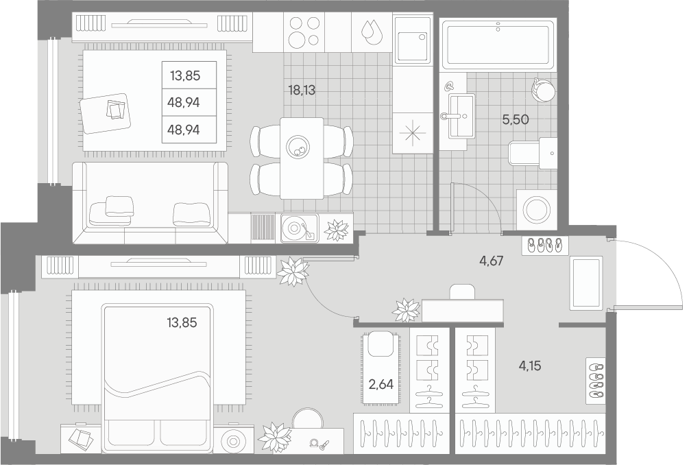 1 комн. квартира, 48.9 м², 4 этаж 