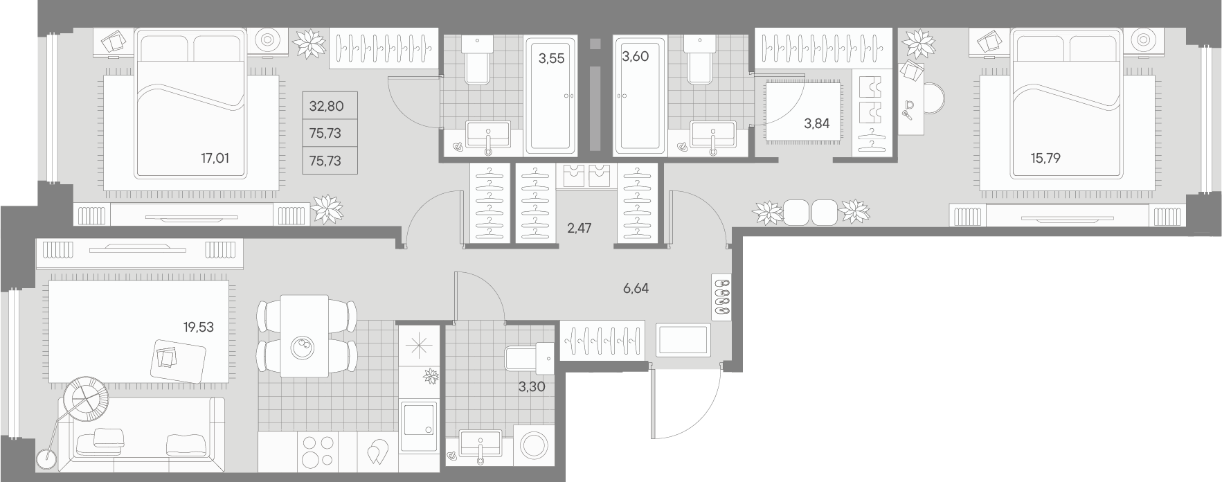 2 комн. квартира, 75.4 м², 4 этаж 