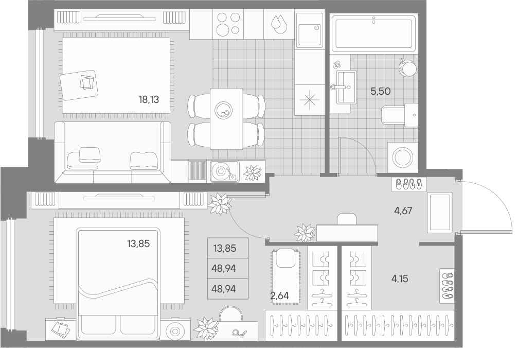 1 комн. квартира, 48.9 м², 5 этаж 