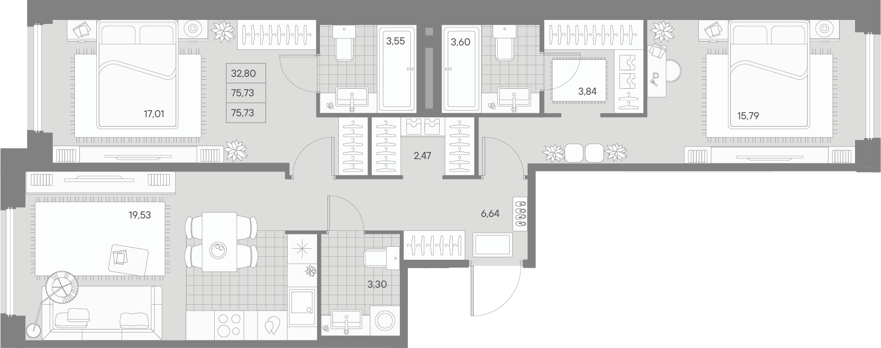2 комн. квартира, 75.7 м², 5 этаж 