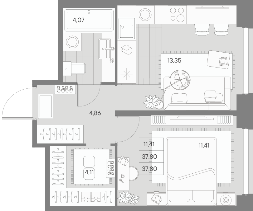 1 комн. квартира, 37.8 м², 6 этаж 