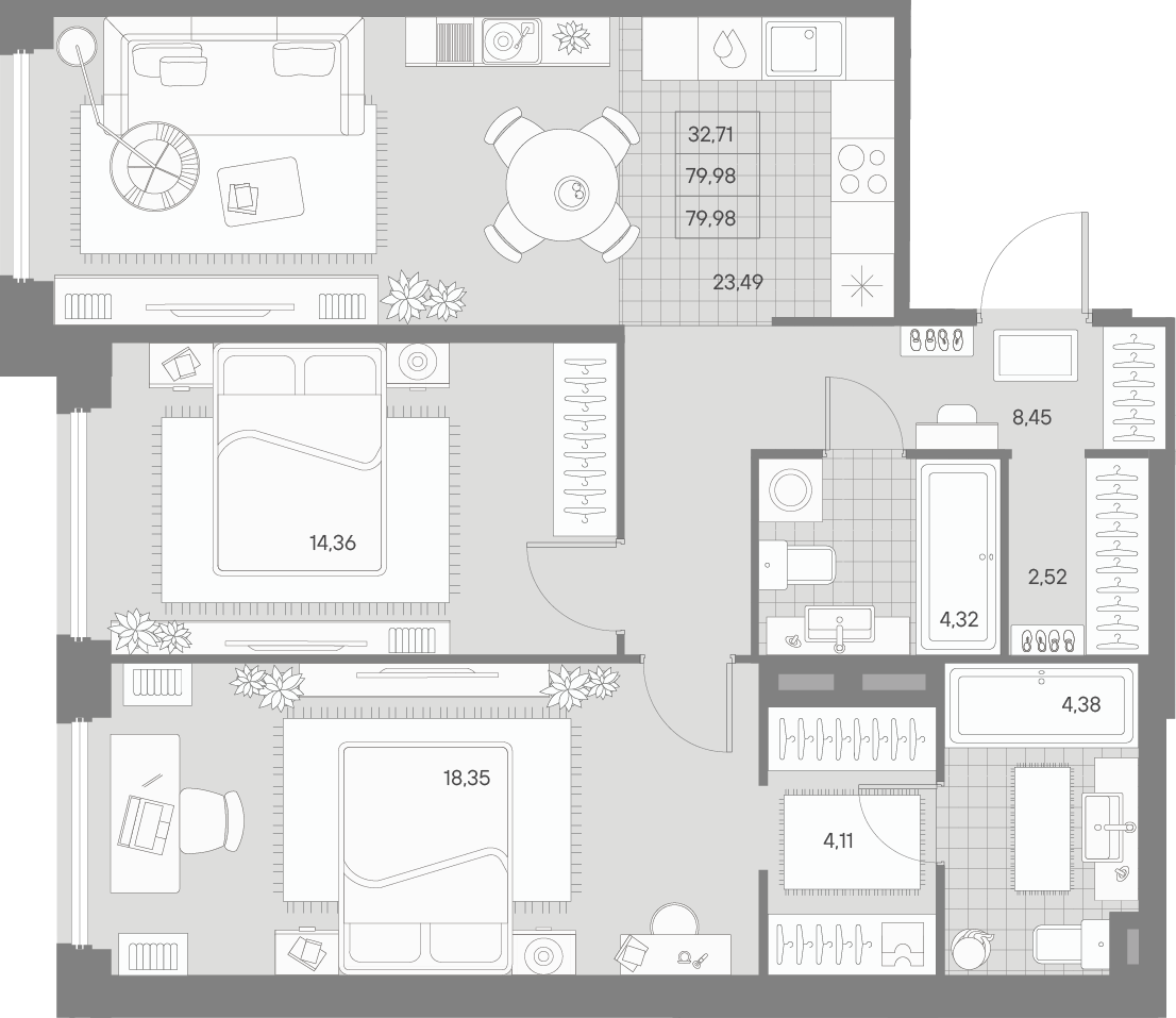 2 комн. квартира, 80 м², 3 этаж 
