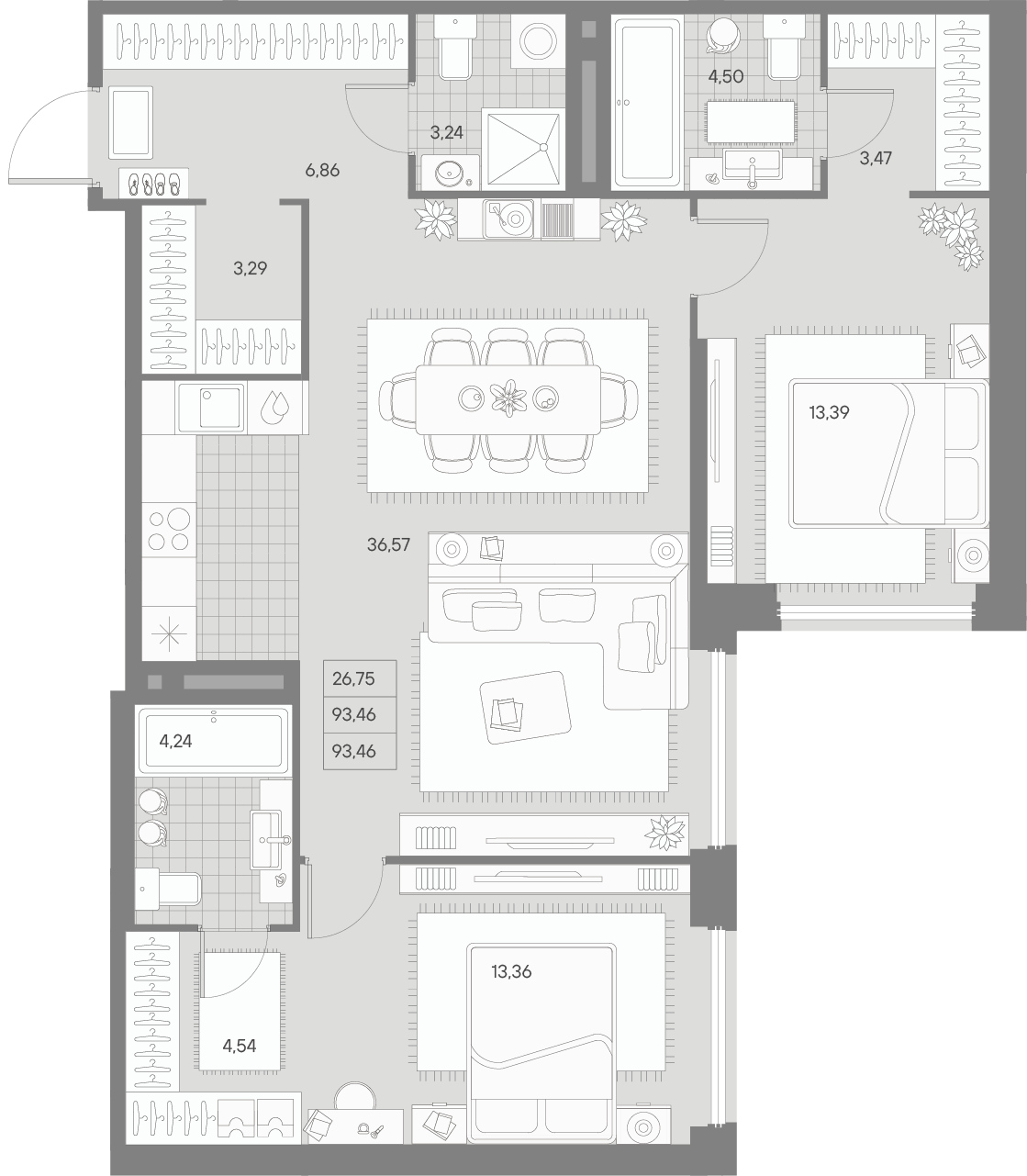2 комн. квартира, 93.5 м², 6 этаж 