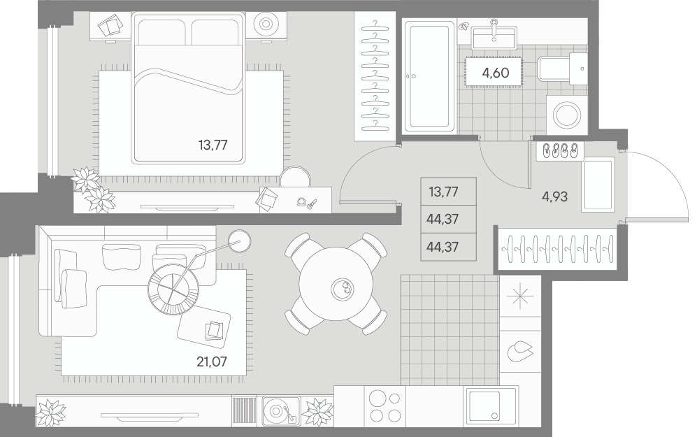 1 комн. квартира, 44.4 м², 7 этаж 