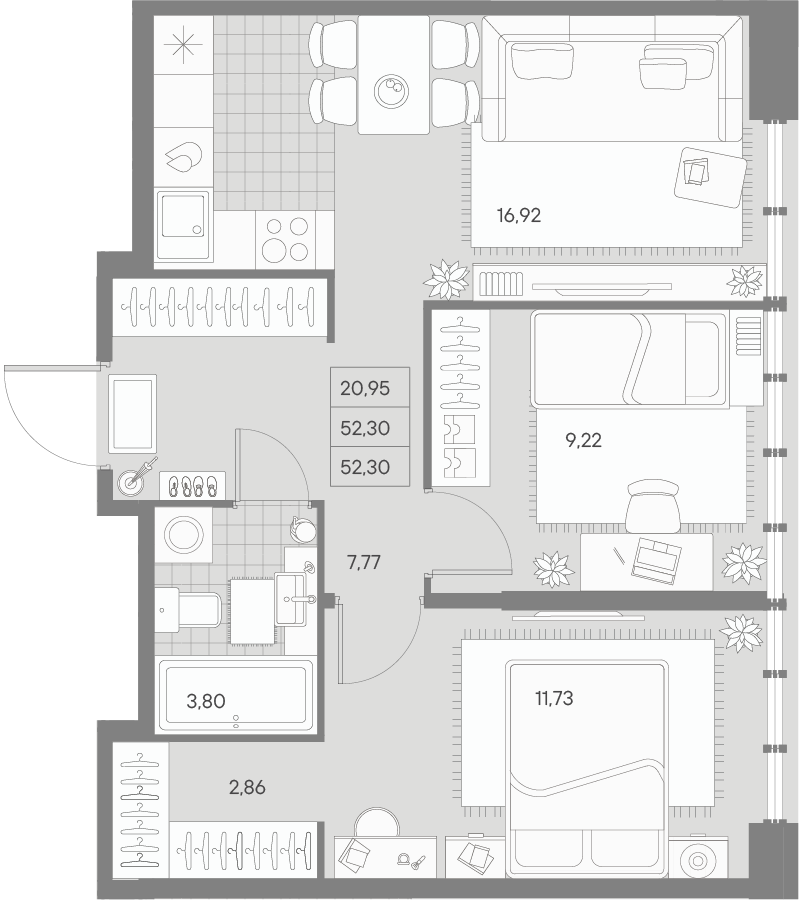 2 комн. квартира, 52.3 м², 3 этаж 