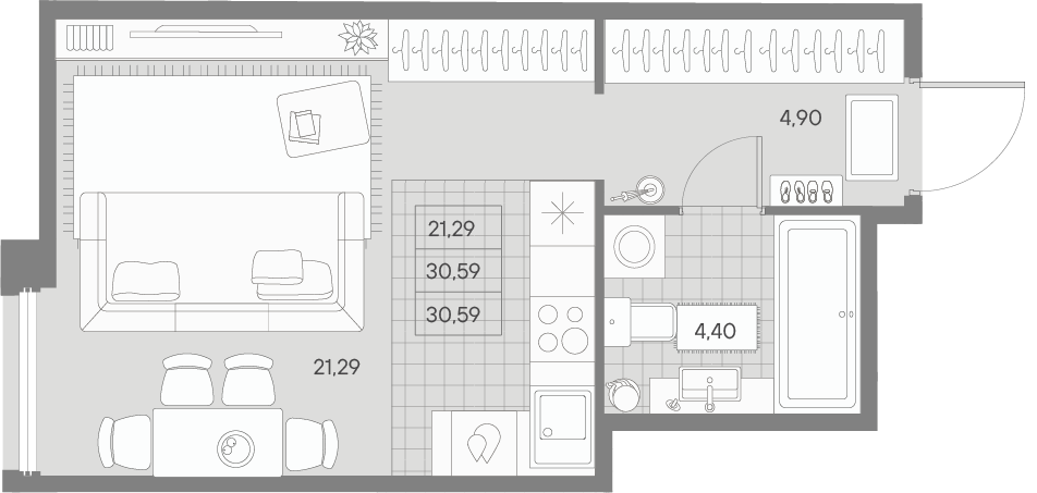 1 комн. квартира, 30.6 м², 3 этаж 