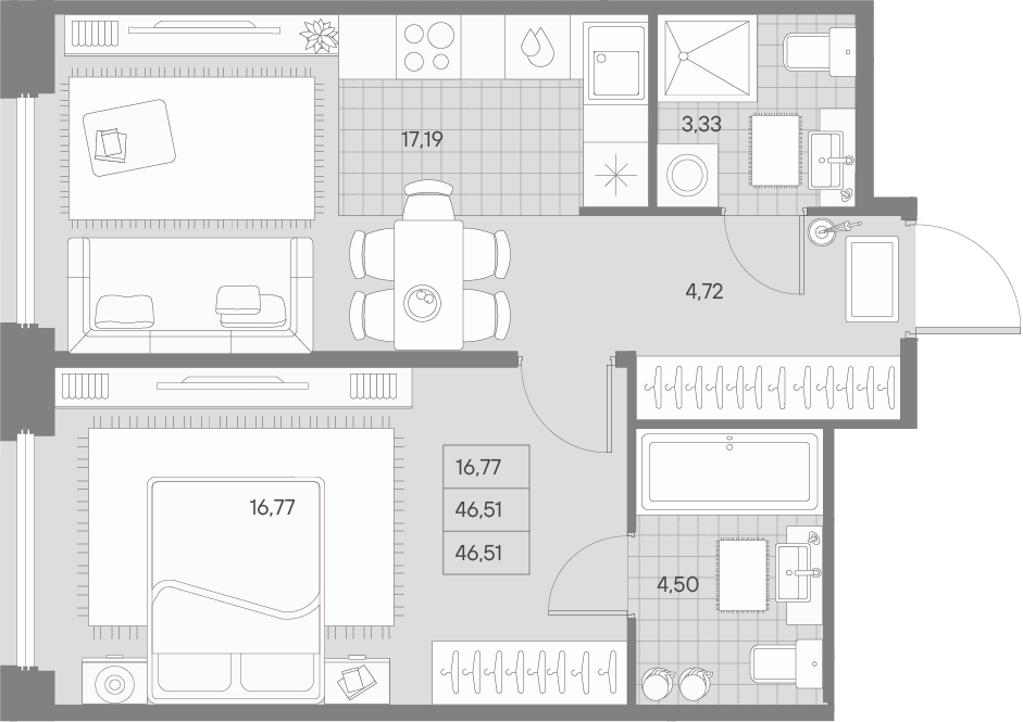 1 комн. квартира, 46.5 м², 5 этаж 