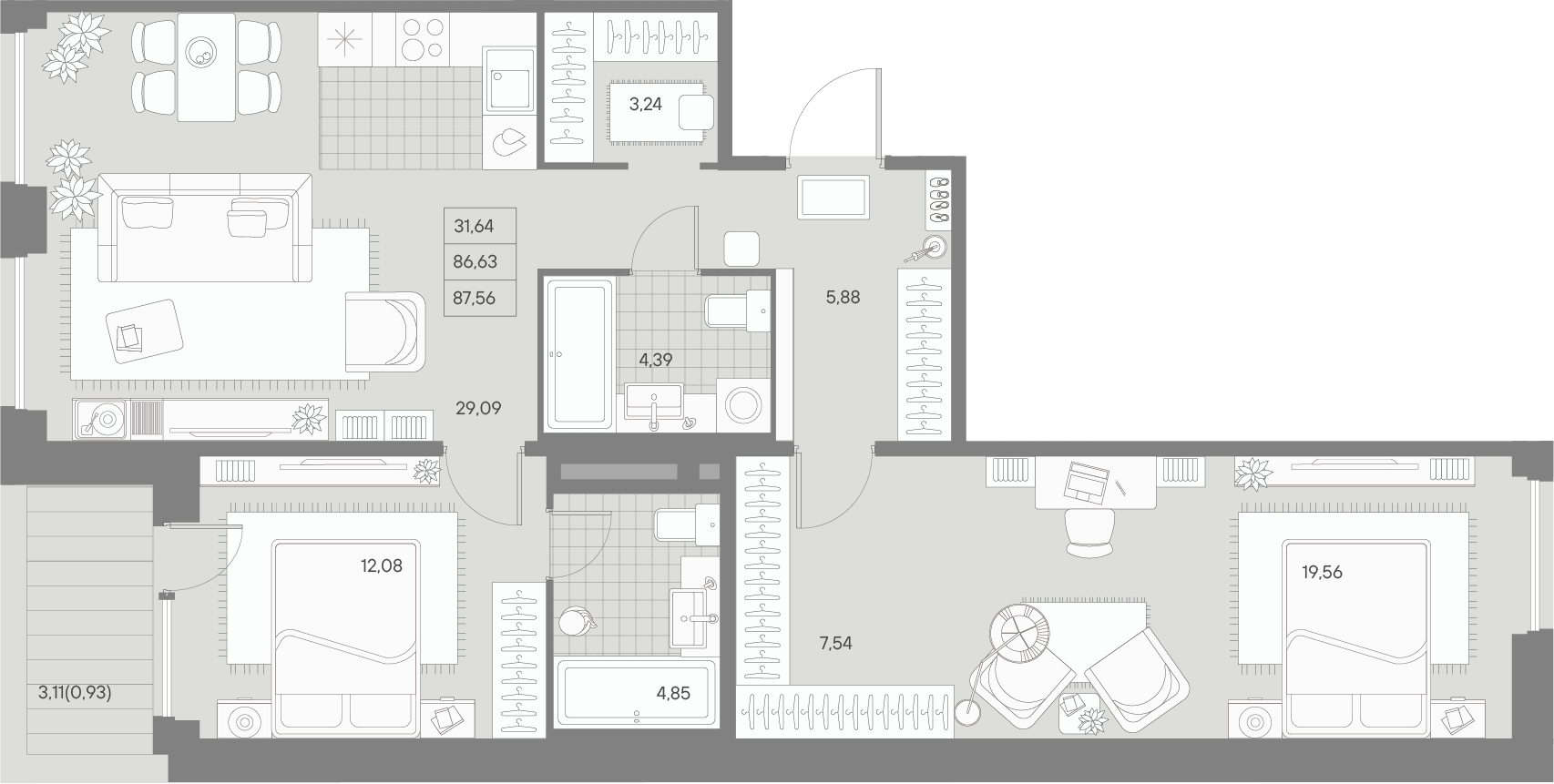 2 комн. квартира, 90.4 м², 2 этаж 