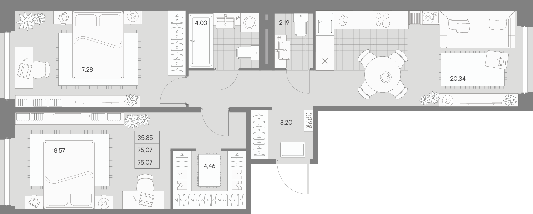 2 комн. квартира, 74 м², 4 этаж 
