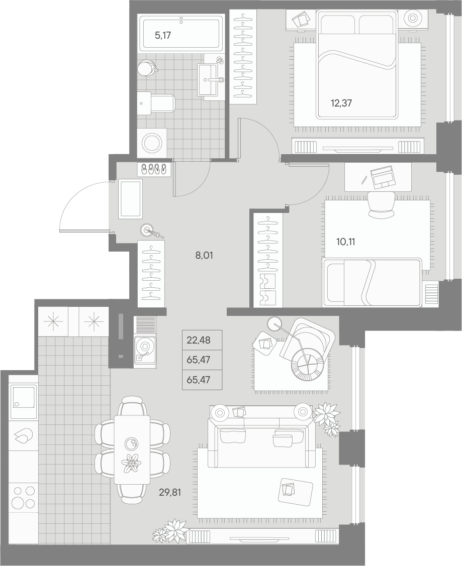 2 комн. квартира, 65.4 м², 7 этаж 