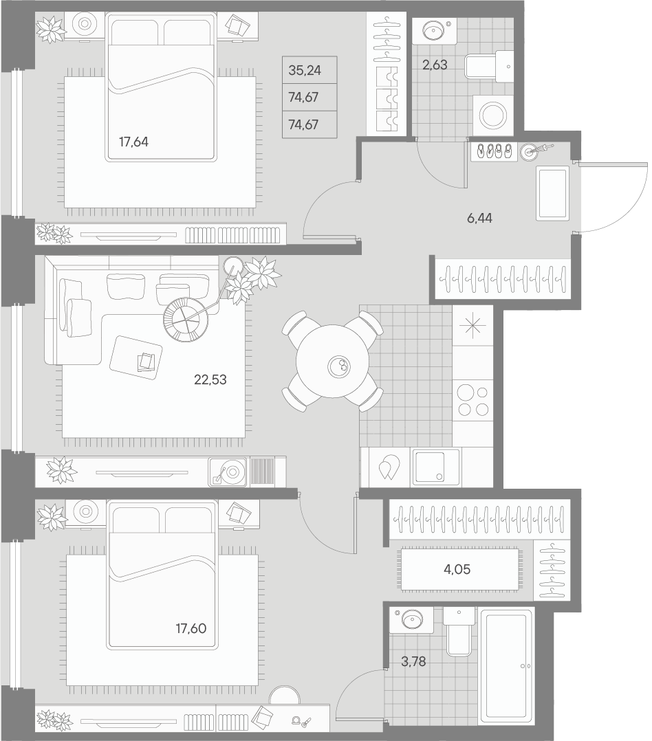 2 комн. квартира, 74.5 м², 7 этаж 