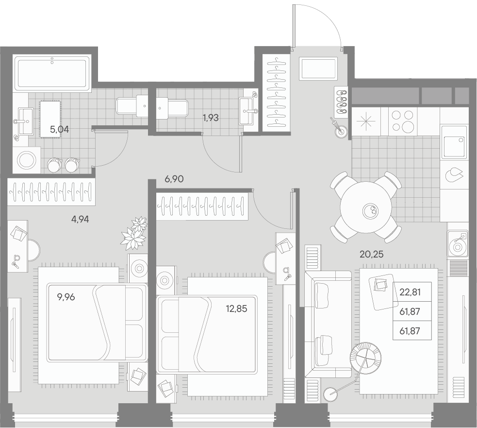 2 комн. квартира, 61.9 м², 1 этаж 