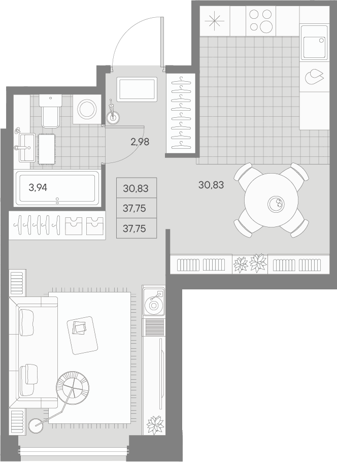 1 комн. квартира, 37.8 м², 2 этаж 