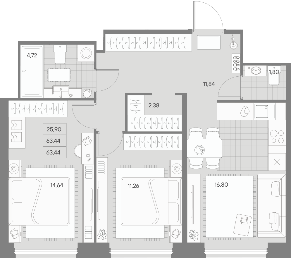 2 комн. квартира, 66.4 м², 2 этаж 