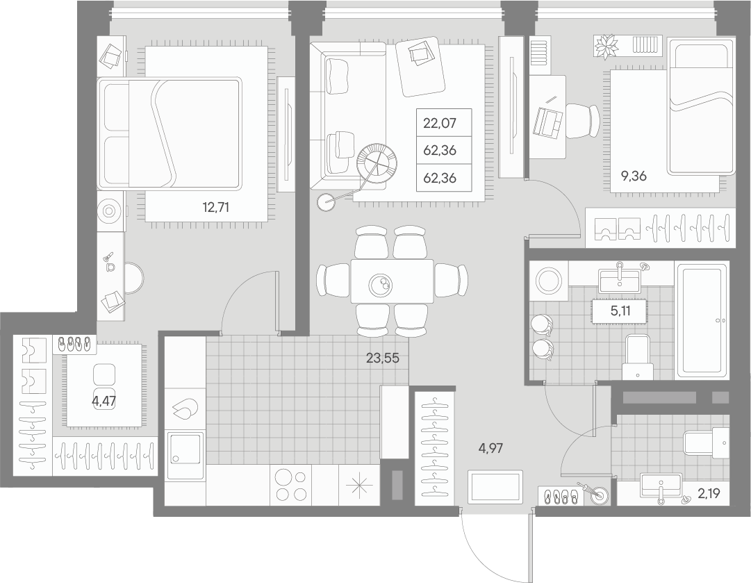 2 комн. квартира, 62.4 м², 6 этаж 