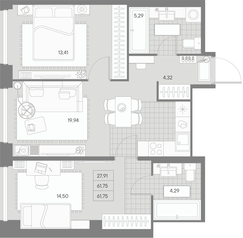 2 комн. квартира, 62.1 м², 2 этаж 