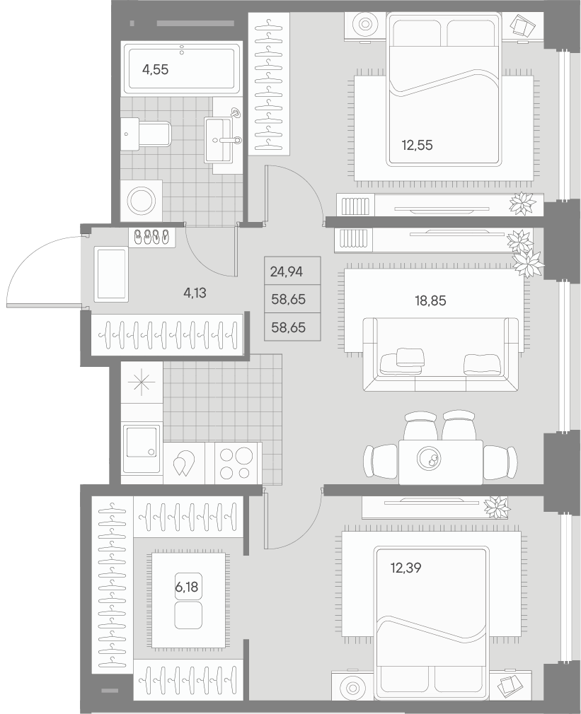 2 комн. квартира, 58.7 м², 3 этаж 