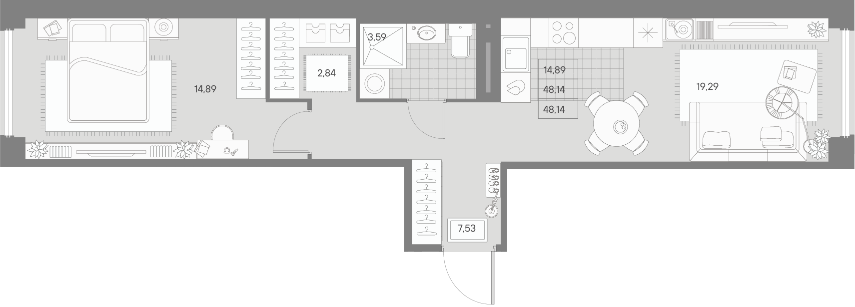 1 комн. квартира, 48.1 м², 3 этаж 