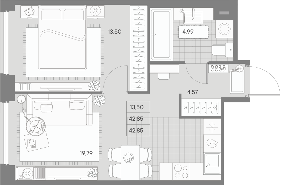 1 комн. квартира, 42.9 м², 4 этаж 