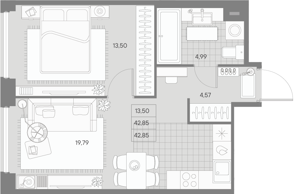 1 комн. квартира, 42.9 м², 5 этаж 