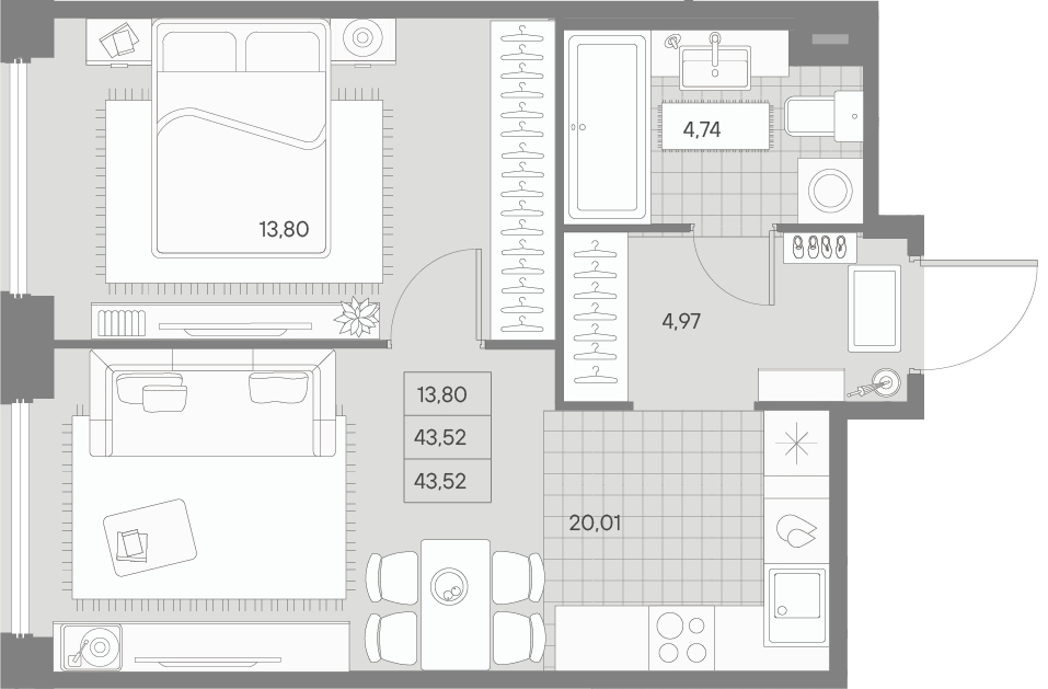 1 комн. квартира, 43.5 м², 7 этаж 