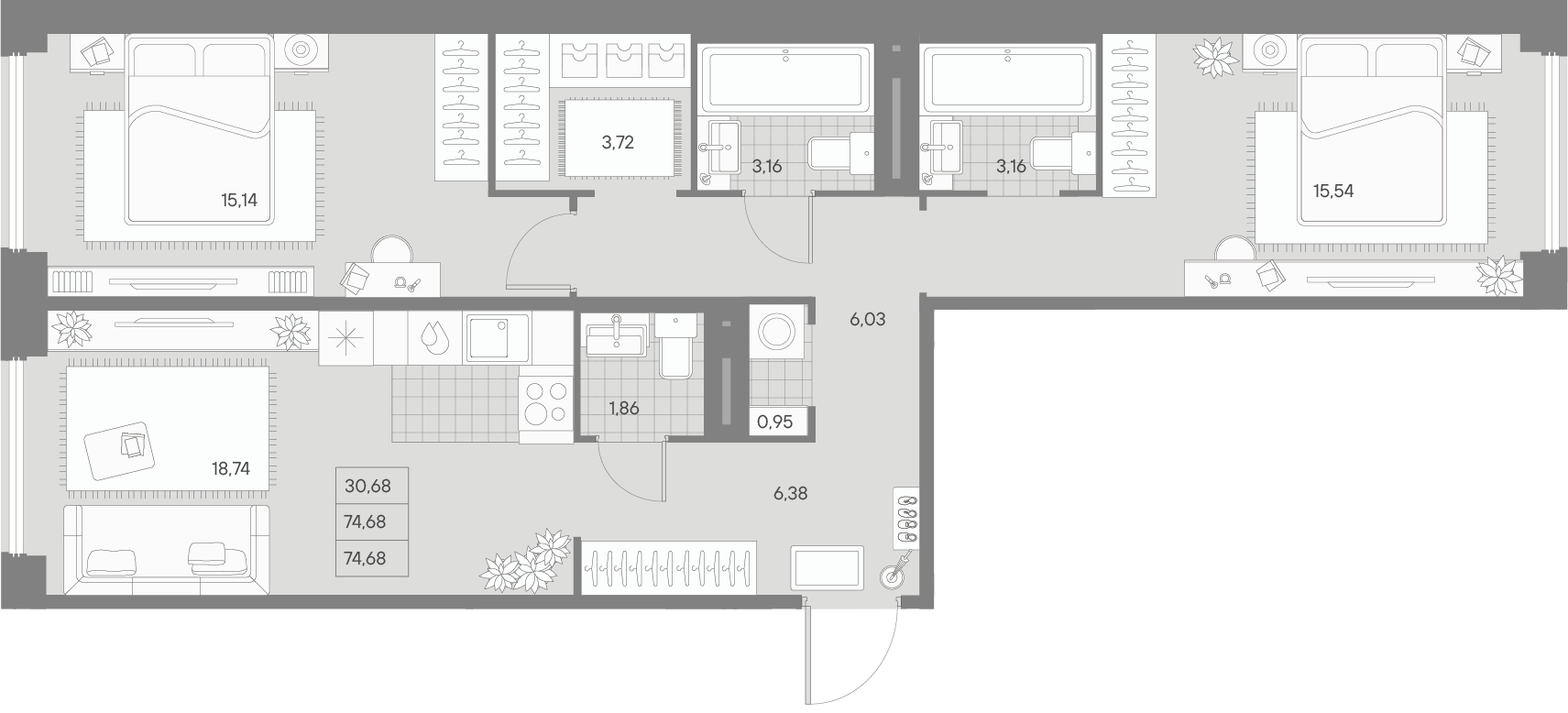 2 комн. квартира, 74.7 м², 7 этаж 