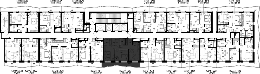 2 комн. квартира, 75.3 м², 27 этаж  (из 39)