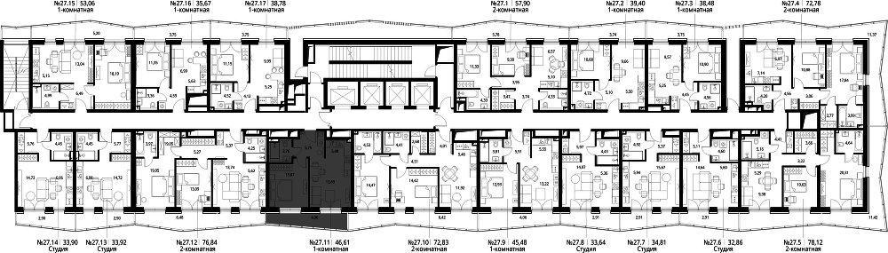 1 комн. квартира, 48.1 м², 27 этаж  (из 39)