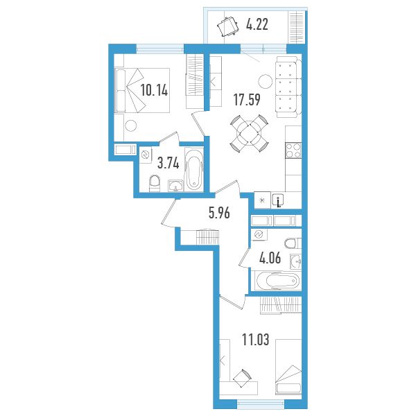 1 комн. квартира, 53.8 м², 12 этаж 
