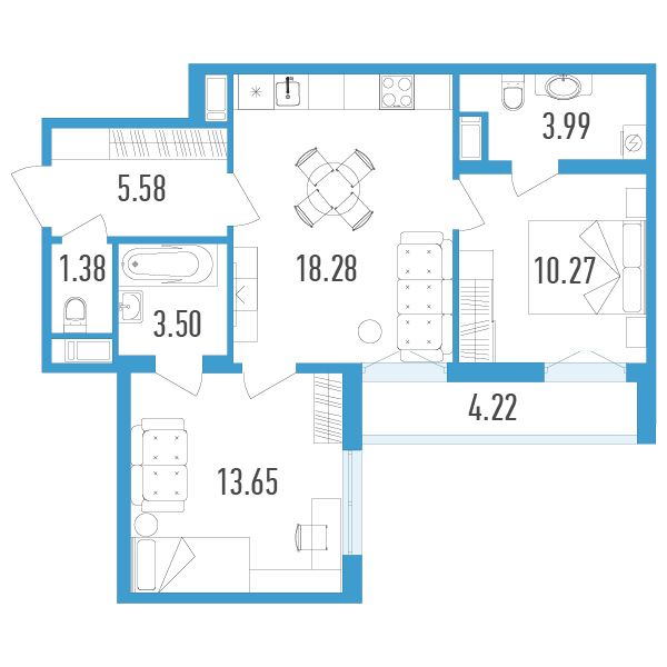 1 комн. квартира, 58.8 м², 9 этаж 