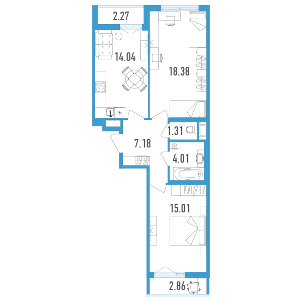 2 комн. квартира, 61.9 м², 12 этаж 