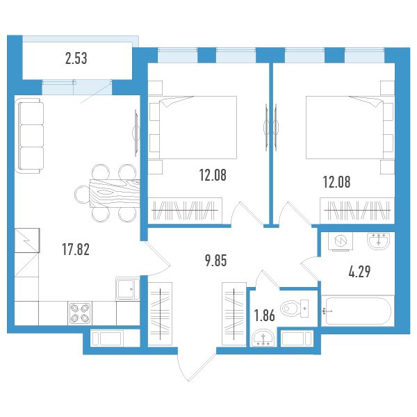1 комн. квартира, 59.2 м², 4 этаж 