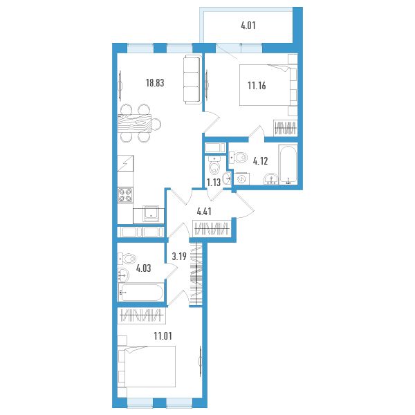 1 комн. квартира, 59.9 м², 3 этаж 